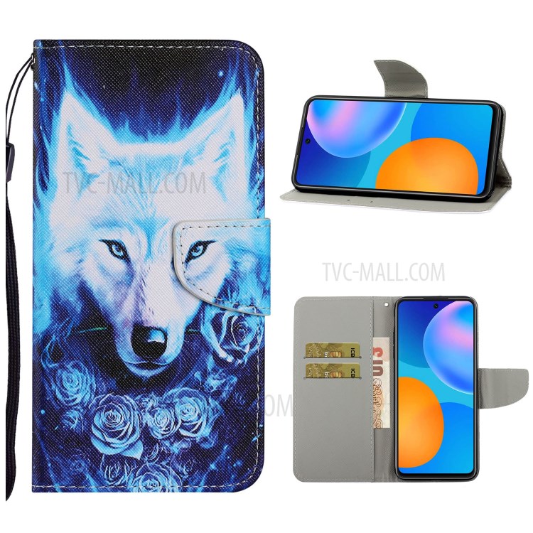 Stylish Patterned PU Leather Case for Huawei P smart 2021/Y7a Wallet Stand Shell - Wolf-1
