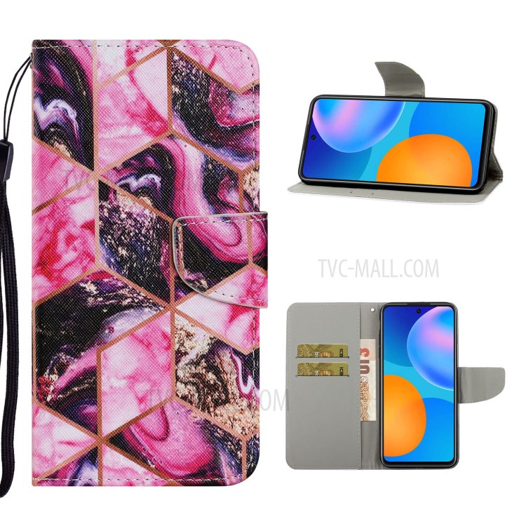 Stylish Patterned PU Leather Case for Huawei P smart 2021/Y7a Wallet Stand Shell - Pink Marble Texture-1