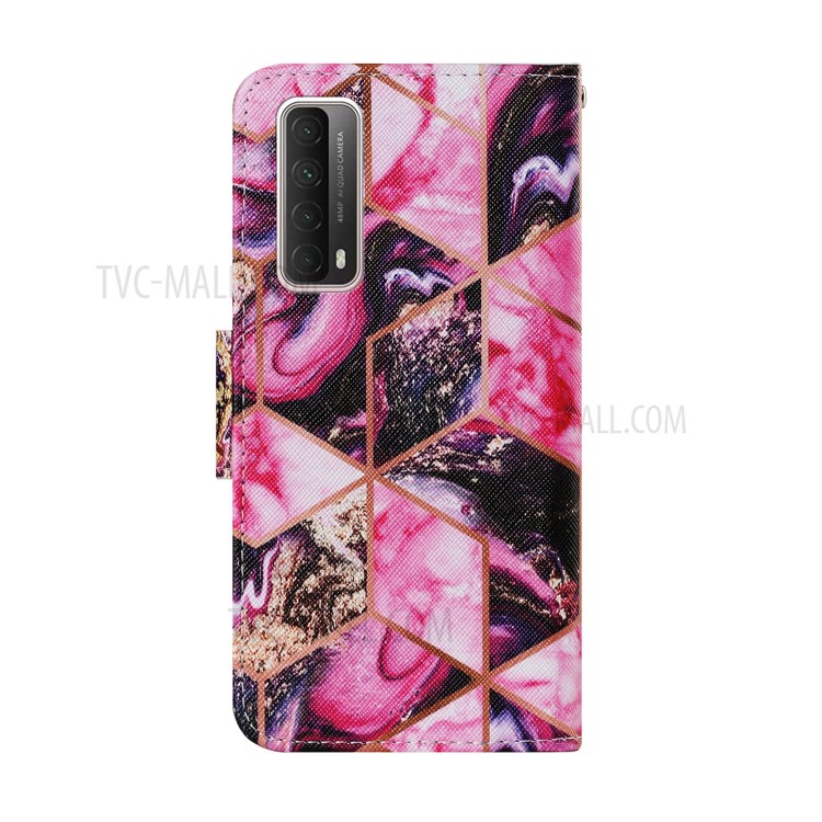 Stylish Patterned PU Leather Case for Huawei P smart 2021/Y7a Wallet Stand Shell - Pink Marble Texture-2