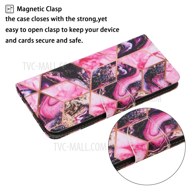 Stylish Patterned PU Leather Case for Huawei P smart 2021/Y7a Wallet Stand Shell - Pink Marble Texture-3