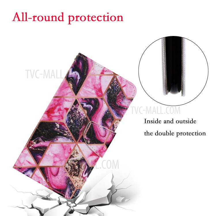 Stylish Patterned PU Leather Case for Huawei P smart 2021/Y7a Wallet Stand Shell - Pink Marble Texture-4