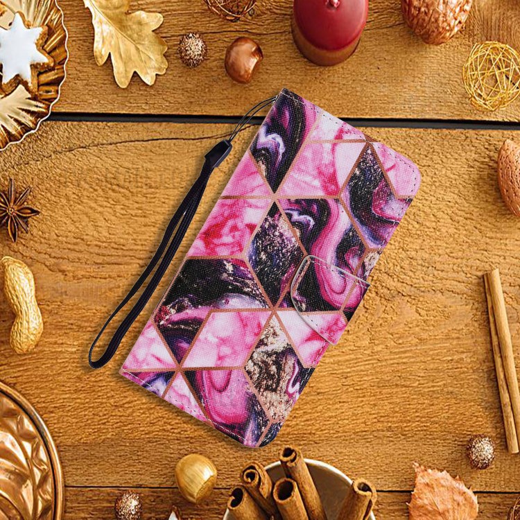 Stylish Patterned PU Leather Case for Huawei P smart 2021/Y7a Wallet Stand Shell - Pink Marble Texture-5