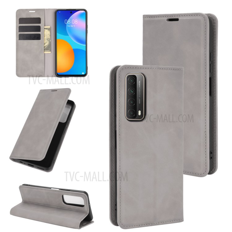 Skin-touch Magnetic Wallet Leather Phone Cover for Huawei P smart 2021 / Y7a - Grey-1