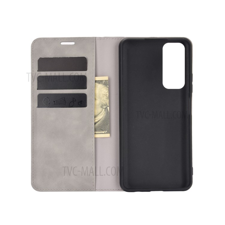 Skin-touch Magnetic Wallet Leather Phone Cover for Huawei P smart 2021 / Y7a - Grey-2