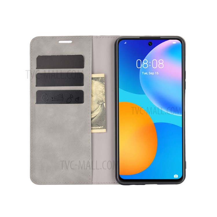 Skin-touch Magnetic Wallet Leather Phone Cover for Huawei P smart 2021 / Y7a - Grey-3