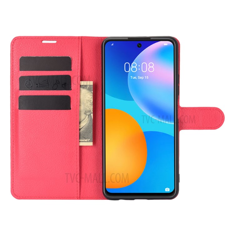 Litchi Texture Wallet Stand Leather Protective Shell for Huawei P smart 2021 / Y7a - Red-3