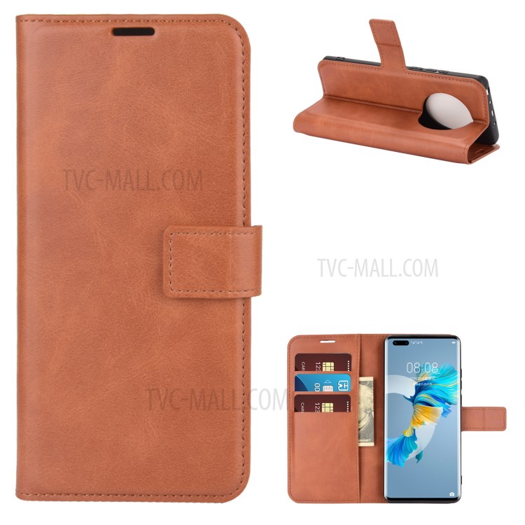 Magnetic Square Clasp Leather Wallet Phone Case with Stand for Huawei Mate 40 Pro - Light Brown-1
