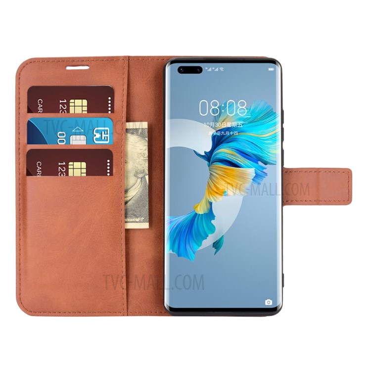 Magnetic Square Clasp Leather Wallet Phone Case with Stand for Huawei Mate 40 Pro - Light Brown-4