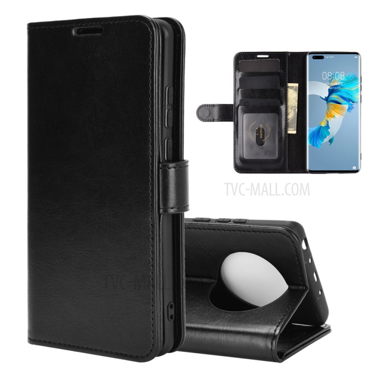 Crazy Horse Texture Leather Phone Cover Wallet and Stand Case for Huawei Mate 40 Pro - Black-1