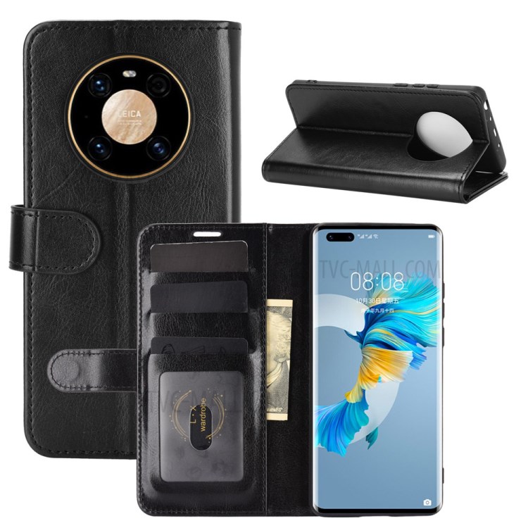 Crazy Horse Texture Leather Phone Cover Wallet and Stand Case for Huawei Mate 40 Pro - Black-2