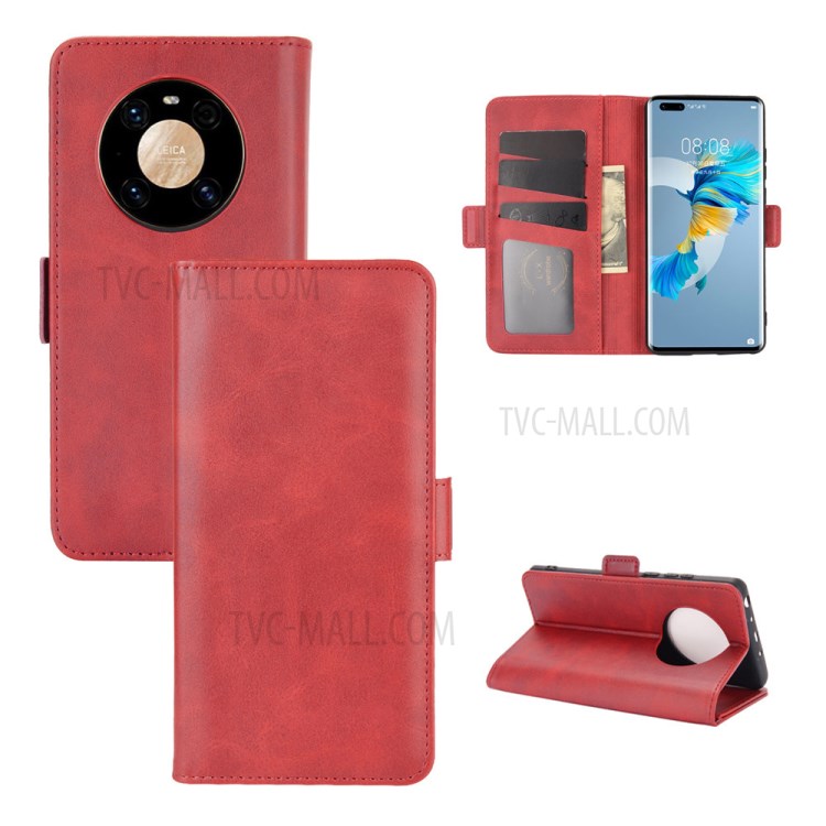 Side Absorption Folio Flip Leather Phone Protective Case for Huawei Mate 40 Pro - Red-1