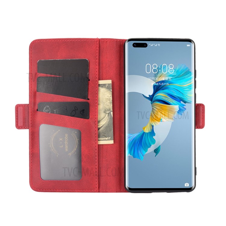 Side Absorption Folio Flip Leather Phone Protective Case for Huawei Mate 40 Pro - Red-4