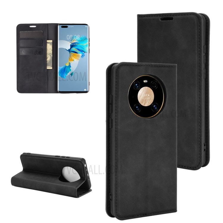 Skin-Touch Folio Flip Leather Auto-absorbed Protector for Huawei Mate 40 Pro - Black-1