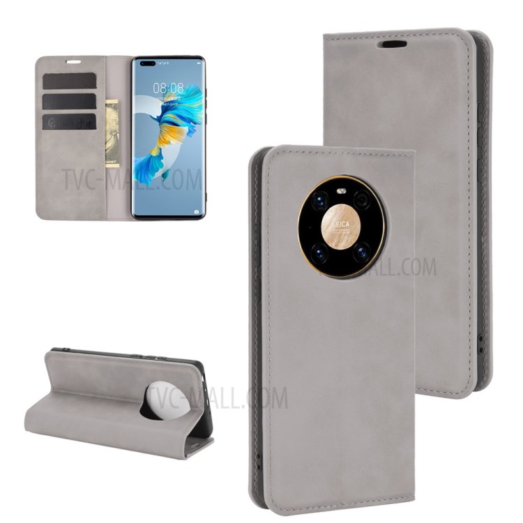 Skin-Touch Folio Flip Leather Auto-absorbed Protector for Huawei Mate 40 Pro - Grey-1