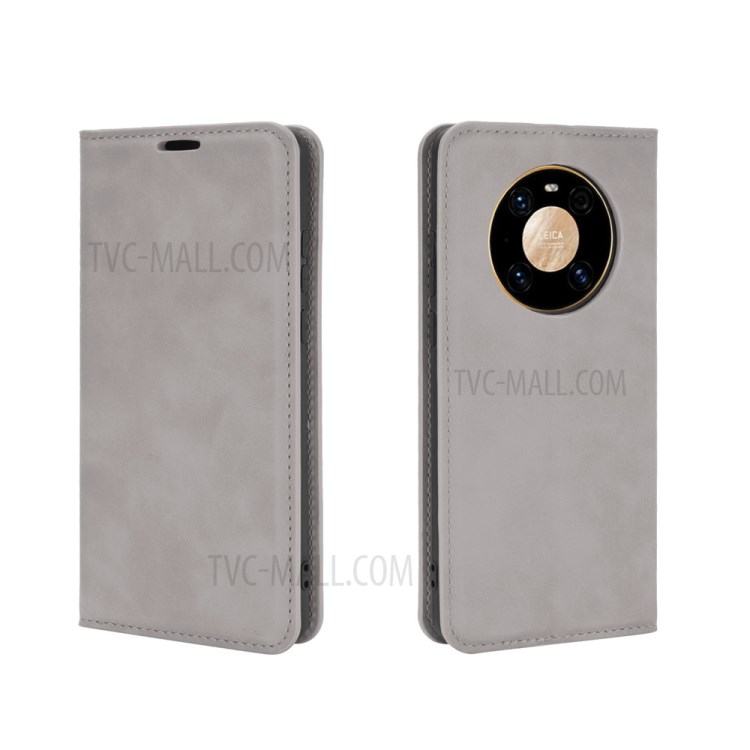 Skin-Touch Folio Flip Leather Auto-absorbed Protector for Huawei Mate 40 Pro - Grey-2