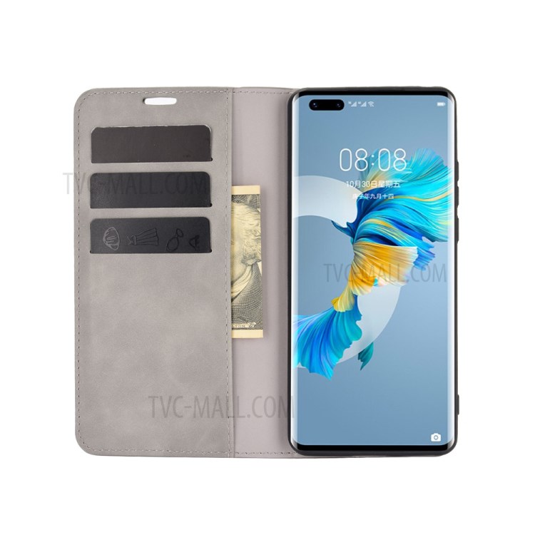 Skin-Touch Folio Flip Leather Auto-absorbed Protector for Huawei Mate 40 Pro - Grey-4