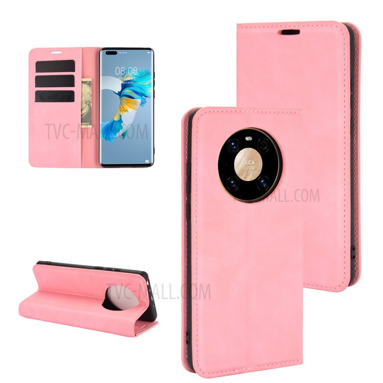 Skin-Touch Folio Flip Leather Auto-absorbed Protector for Huawei Mate 40 Pro - Pink-1