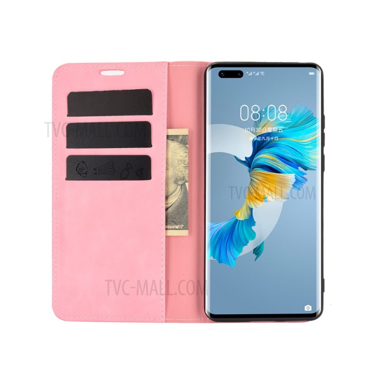 Skin-Touch Folio Flip Leather Auto-absorbed Protector for Huawei Mate 40 Pro - Pink-4