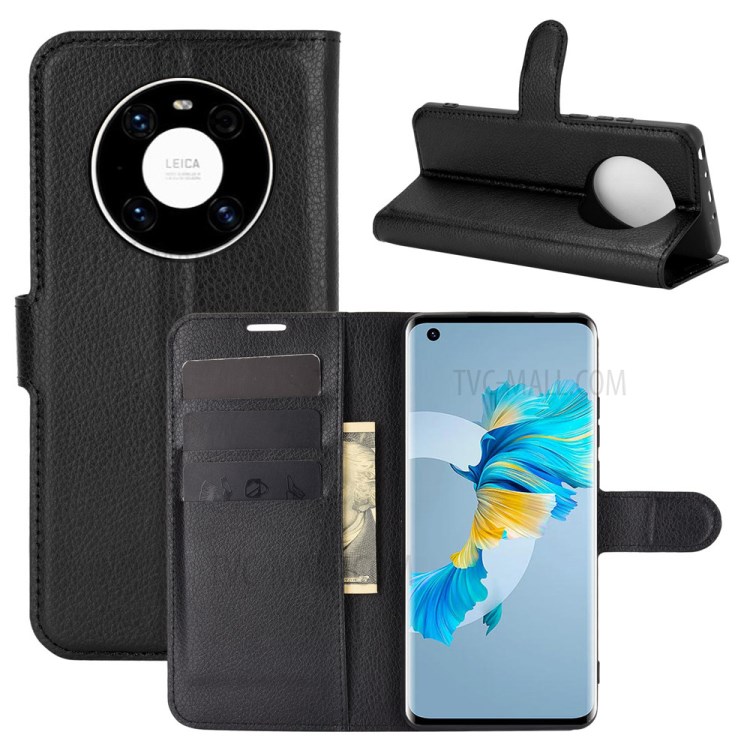 Wallet Stand Design Litchi Grain Leather Phone Shell for Huawei Mate 40 - Black-2