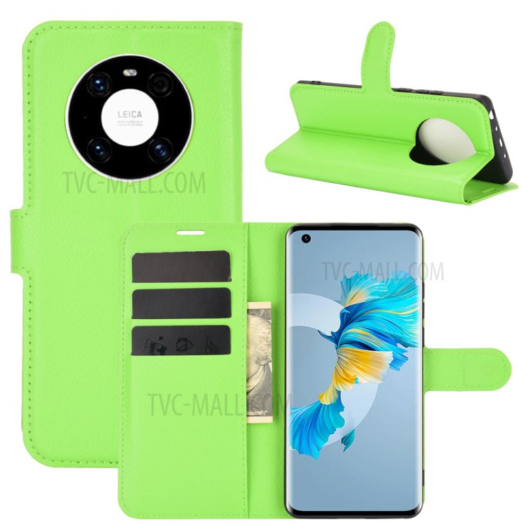 Wallet Stand Design Litchi Grain Leather Phone Shell for Huawei Mate 40 - Green-2