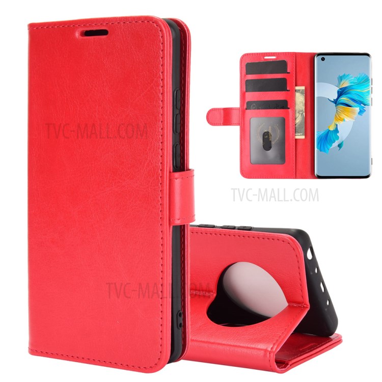 Wallet and Stand Crazy Horse Texture Leather Phone Cover Case for Huawei Mate 40 - Red-1