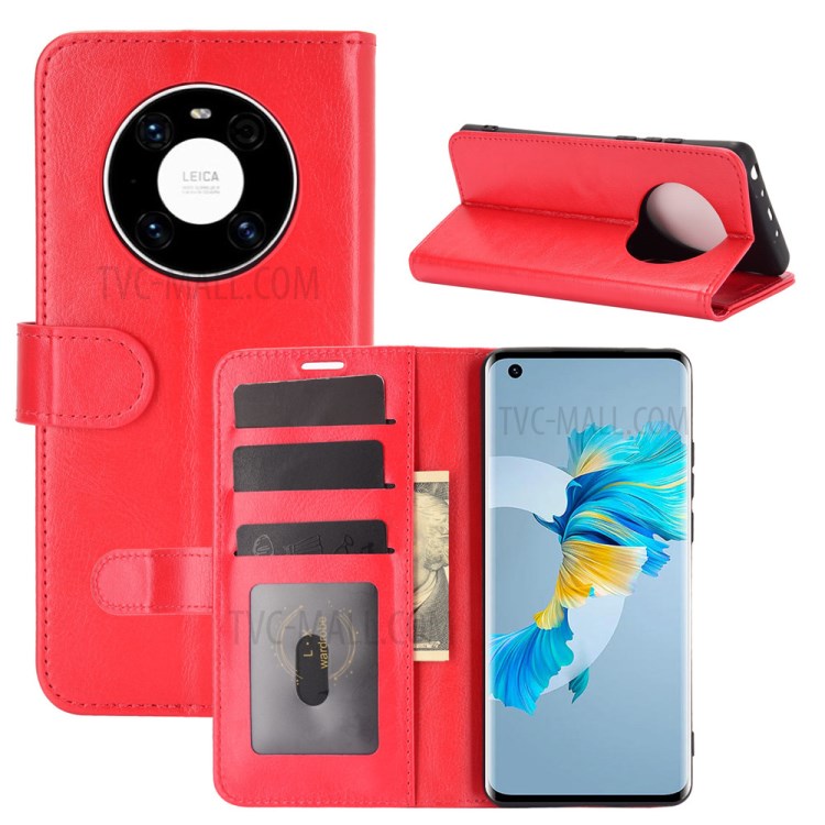 Wallet and Stand Crazy Horse Texture Leather Phone Cover Case for Huawei Mate 40 - Red-2