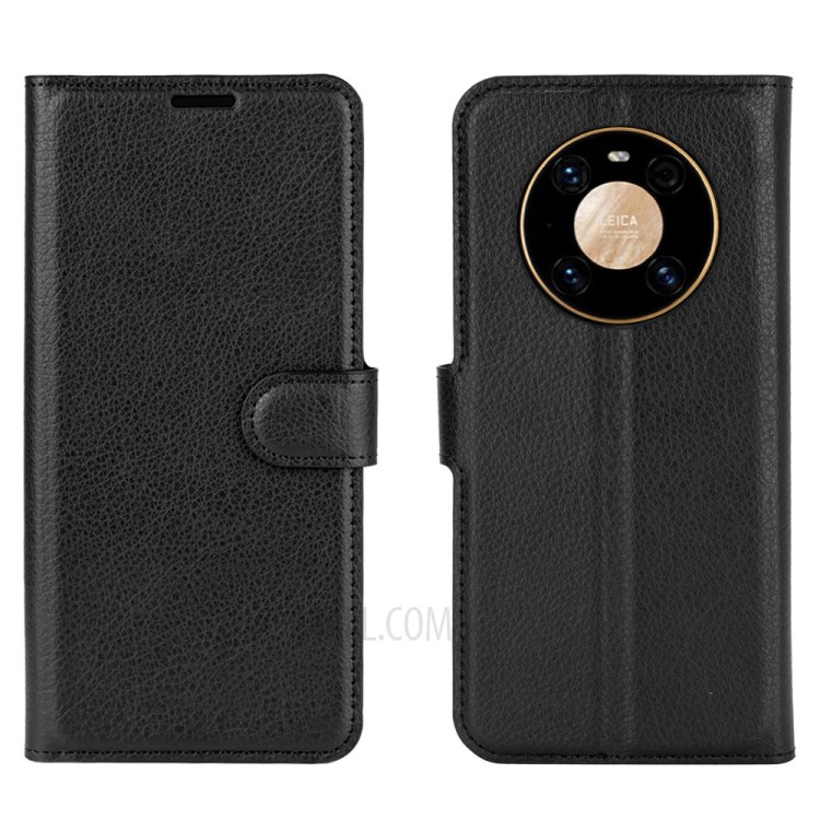 Litchi Skin Leather Phone Protective Cover Shell with Wallet and Stand for Huawei Mate 40 Pro - Black-1