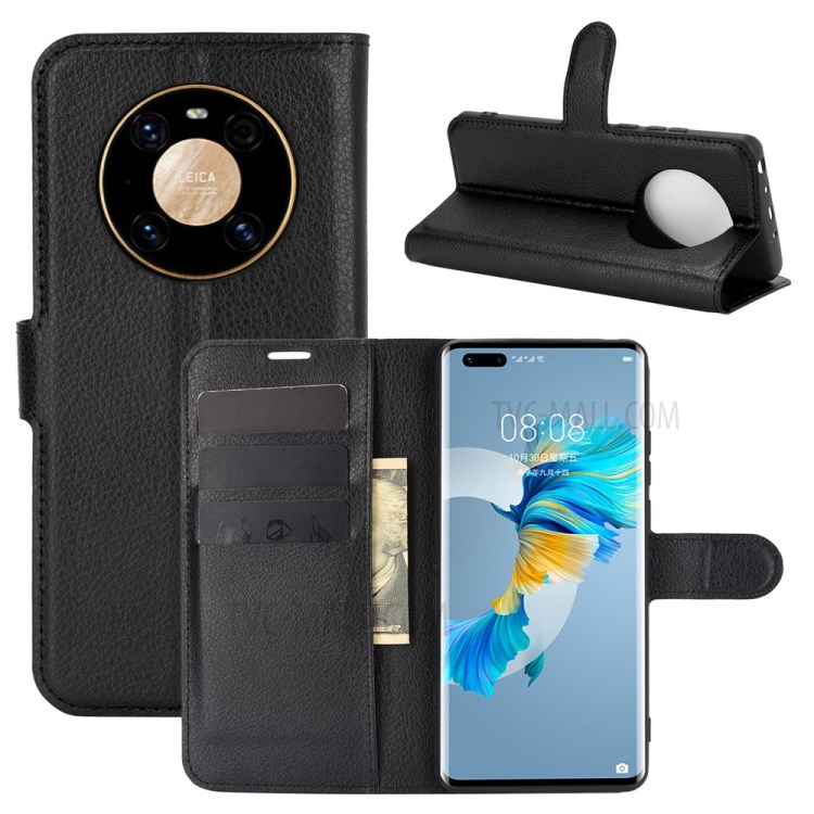 Litchi Skin Leather Phone Protective Cover Shell with Wallet and Stand for Huawei Mate 40 Pro - Black-2
