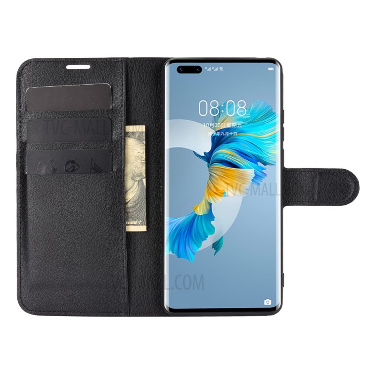 Litchi Skin Leather Phone Protective Cover Shell with Wallet and Stand for Huawei Mate 40 Pro - Black-4