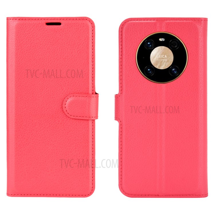 Litchi Skin Leather Phone Protective Cover Shell with Wallet and Stand for Huawei Mate 40 Pro - Red-1