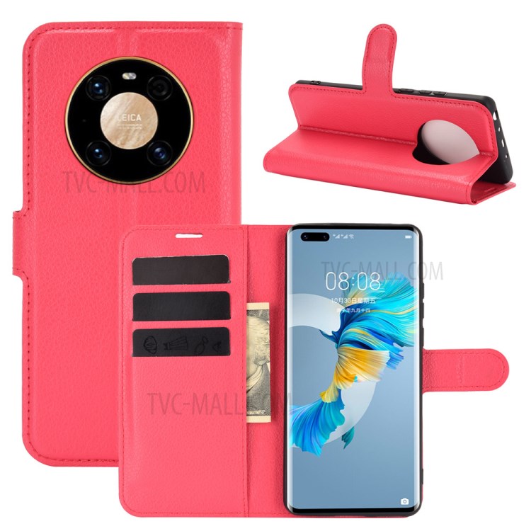Litchi Skin Leather Phone Protective Cover Shell with Wallet and Stand for Huawei Mate 40 Pro - Red-2