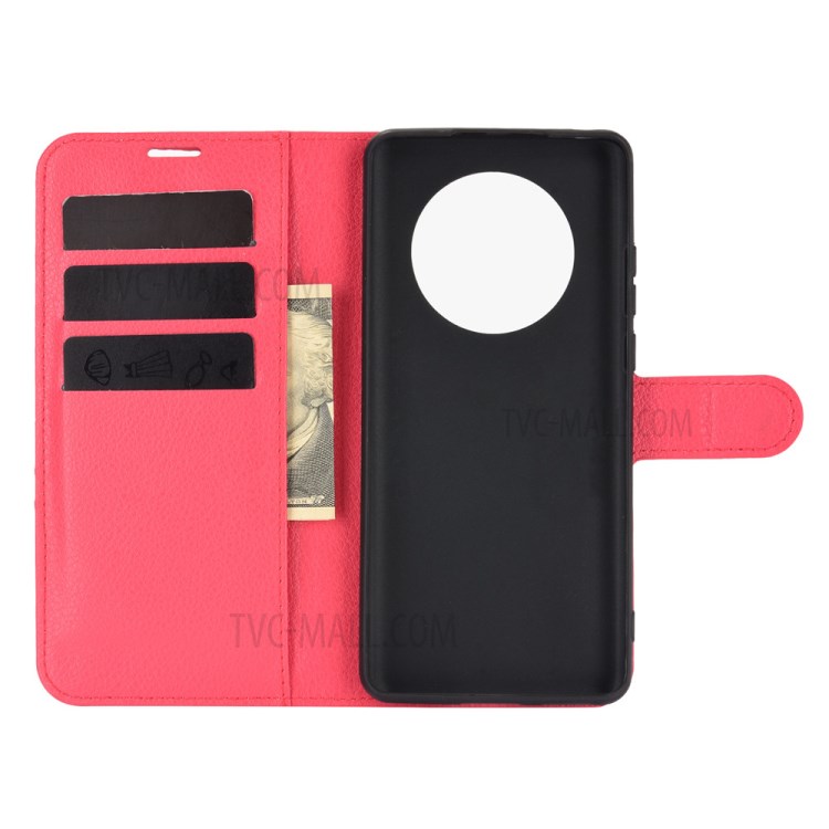 Litchi Skin Leather Phone Protective Cover Shell with Wallet and Stand for Huawei Mate 40 Pro - Red-3