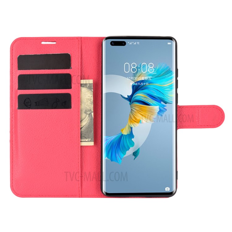 Litchi Skin Leather Phone Protective Cover Shell with Wallet and Stand for Huawei Mate 40 Pro - Red-4