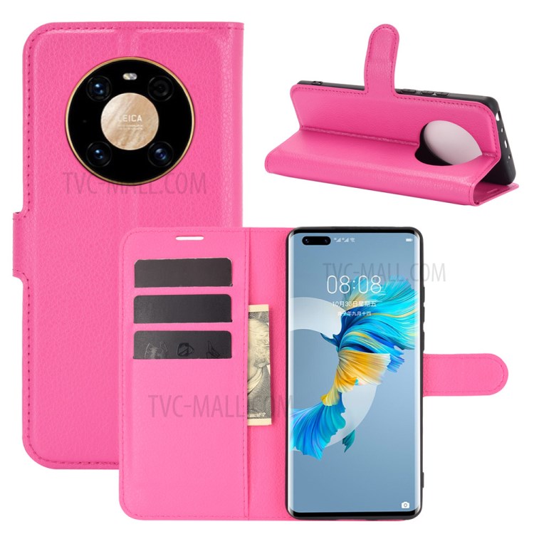 Litchi Skin Leather Phone Protective Cover Shell with Wallet and Stand for Huawei Mate 40 Pro - Rose-2