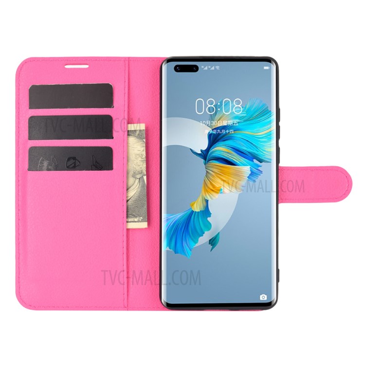 Litchi Skin Leather Phone Protective Cover Shell with Wallet and Stand for Huawei Mate 40 Pro - Rose-4