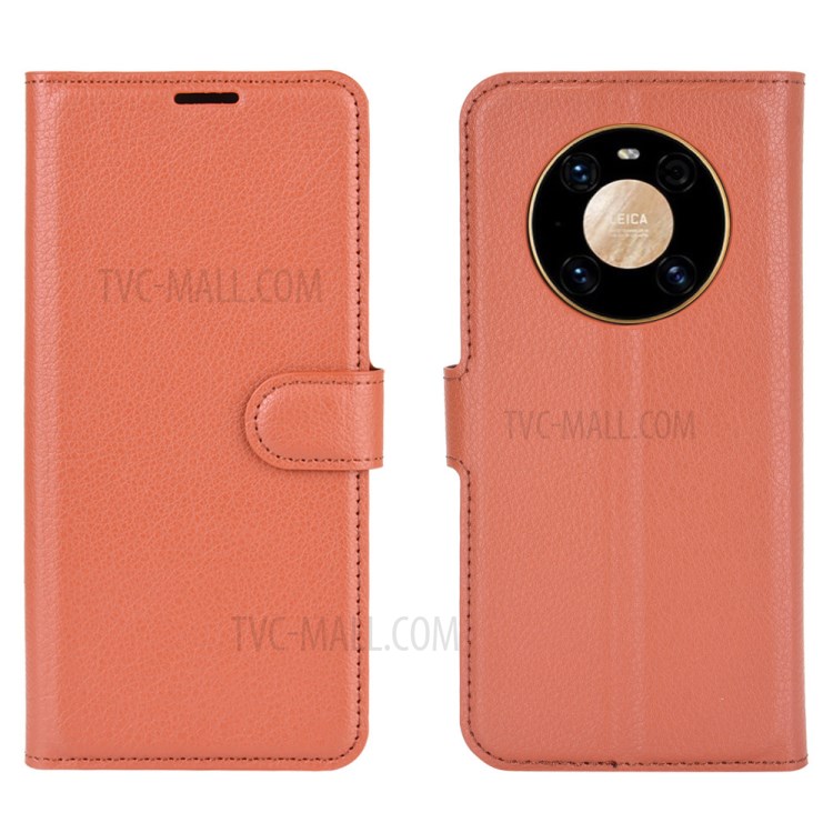 Litchi Skin Leather Phone Protective Cover Shell with Wallet and Stand for Huawei Mate 40 Pro - Brown-1