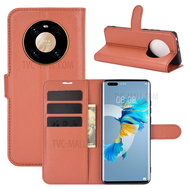 Litchi Skin Leather Phone Protective Cover Shell with Wallet and Stand for Huawei Mate 40 Pro - Brown-2