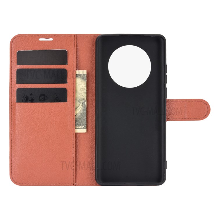 Litchi Skin Leather Phone Protective Cover Shell with Wallet and Stand for Huawei Mate 40 Pro - Brown-3