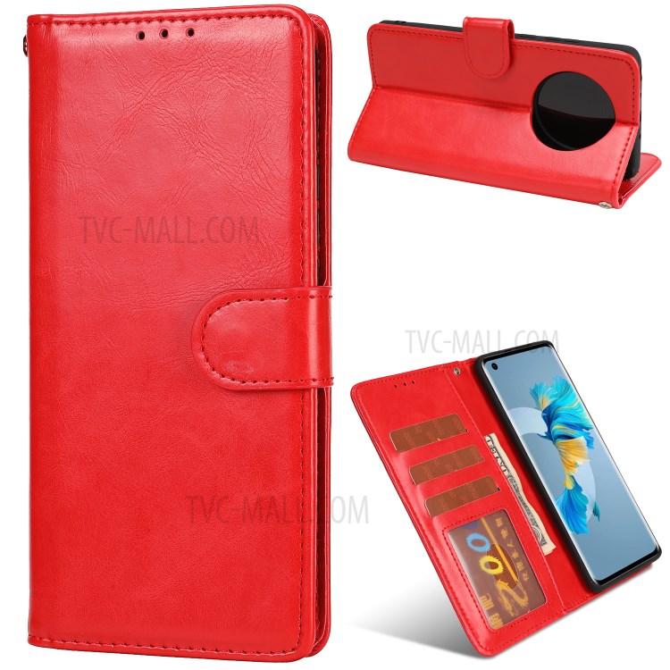 Crazy Horse Texture Leather Folio Flip Phone Cover Case for Huawei Mate 40 - Red-1
