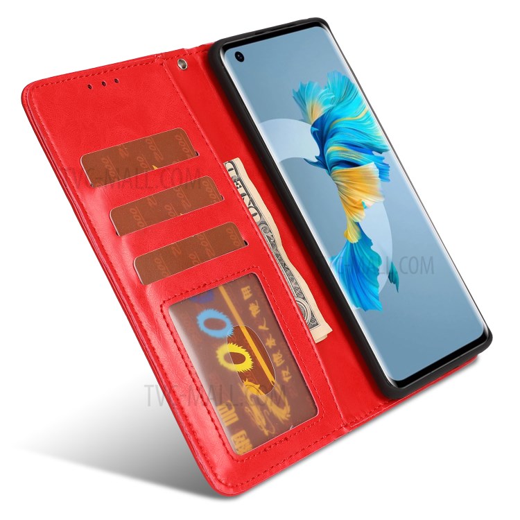 Crazy Horse Texture Leather Folio Flip Phone Cover Case for Huawei Mate 40 - Red-4