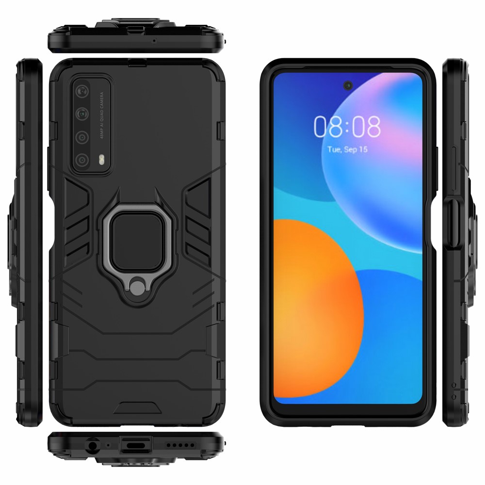 Dual-Layer TPU + PC Case Phone Hybrid + Ring Ring Kickstand Para Huawei P Inteligente 2021 / Y7A - Preto-3