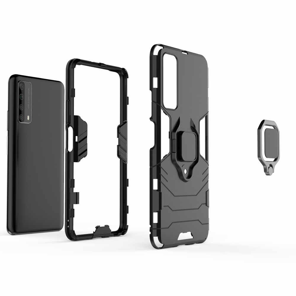 TPU de Camada Dupla + PC Híbrido de Telefone + Anel de Dedo Kickstand Para Huawei P Smart 2021/y7a - Preto