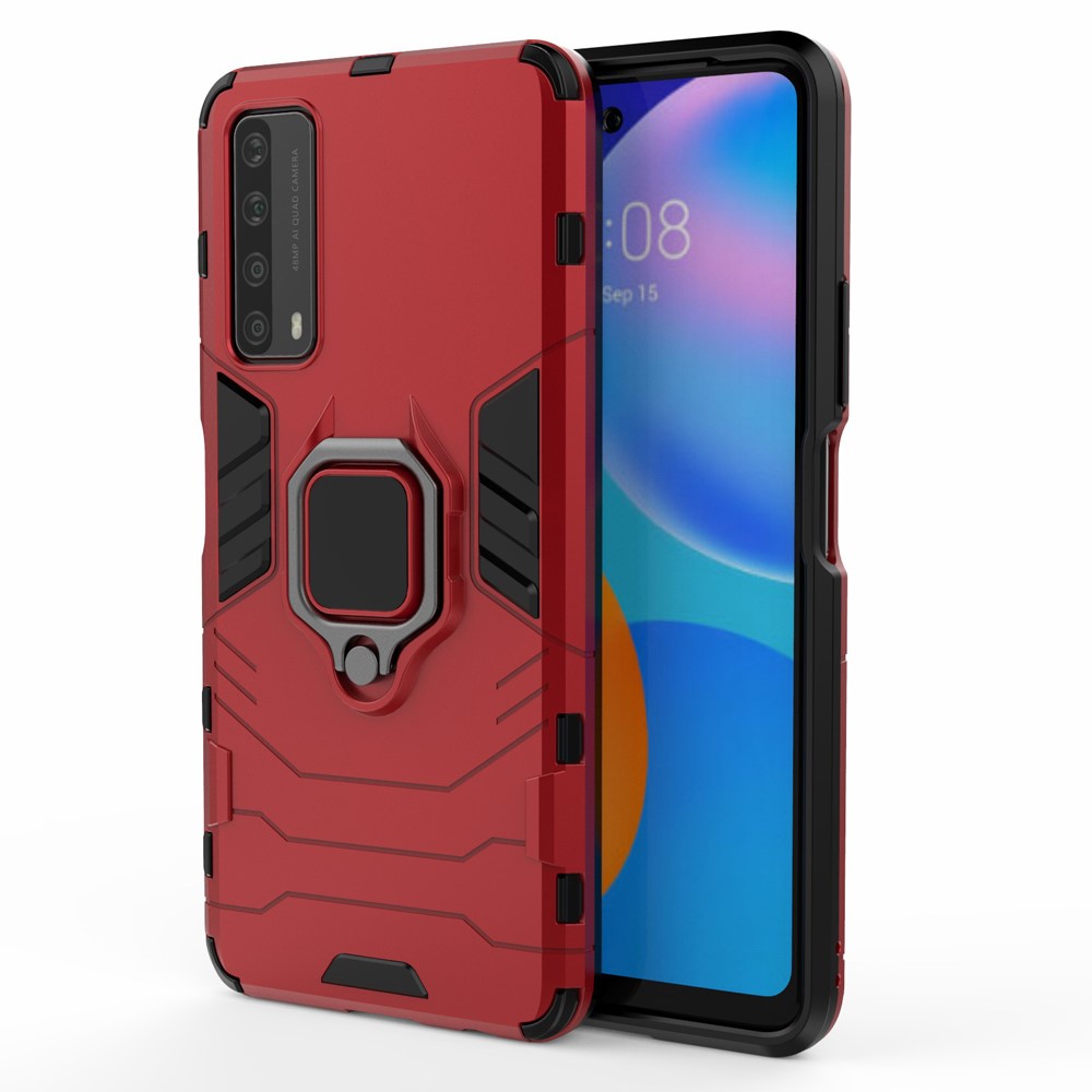 Dual-Layer TPU + PC Hybrid Phone Case + Finger Ring Kickstand for Huawei P smart 2021/Y7a - Red-1