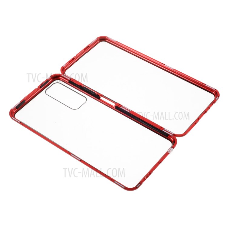 Ultra Clear Double-sided Tempered Glass + Metal Frame Magnetic All-around Protection Phone Case for Huawei P smart 2021 / Y7a - Red-1