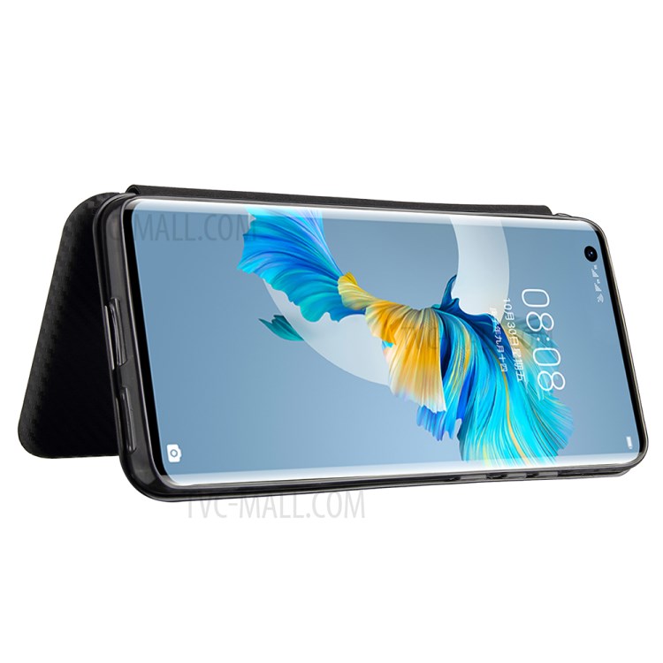 Carbon Fiber Texture Cover Case Auto-absorbed with Card Holder for Huawei Mate 40 - Black-5