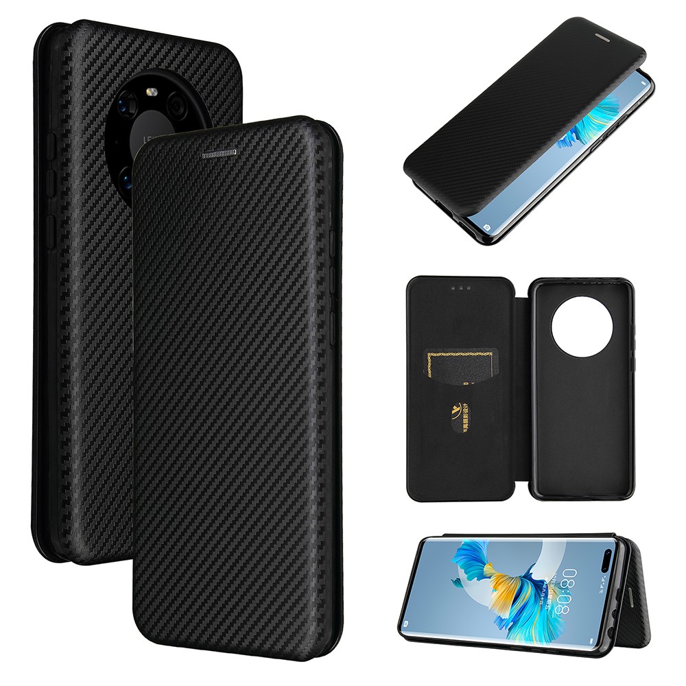 Carbon Fiber Leather Auto-absorbed Cover Case with Card Holder for Huawei Mate 40 Pro - Black-1