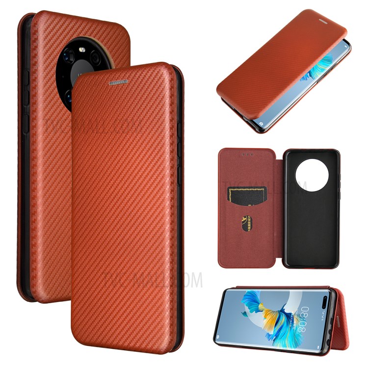 Carbon Fiber Leather Auto-absorbed Cover Case with Card Holder for Huawei Mate 40 Pro - Brown-1