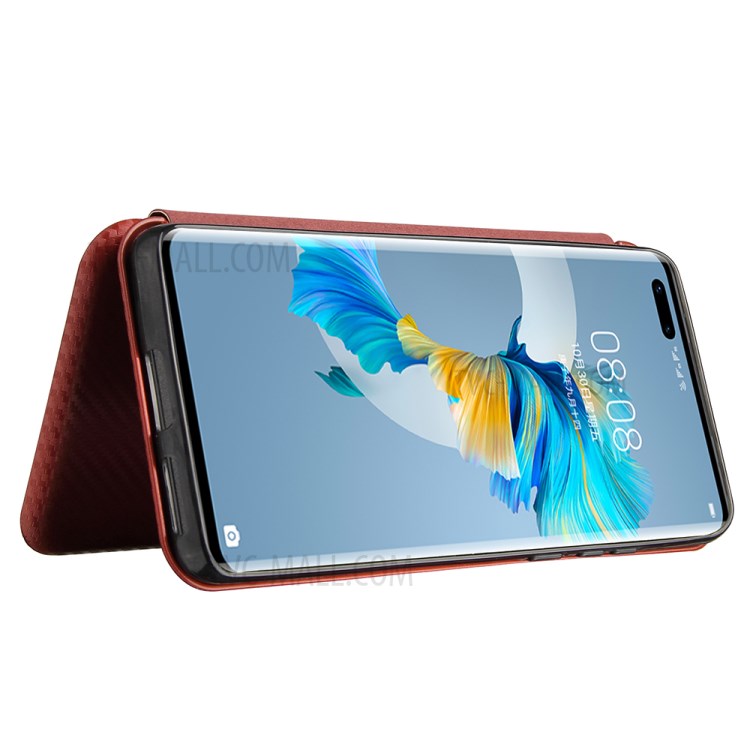 Carbon Fiber Leather Auto-absorbed Cover Case with Card Holder for Huawei Mate 40 Pro - Brown-5