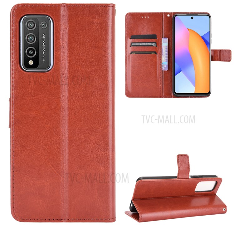 For Honor 10X Lite Crazy Horse Wallet Stand Leather Shell with Strap - Brown-1