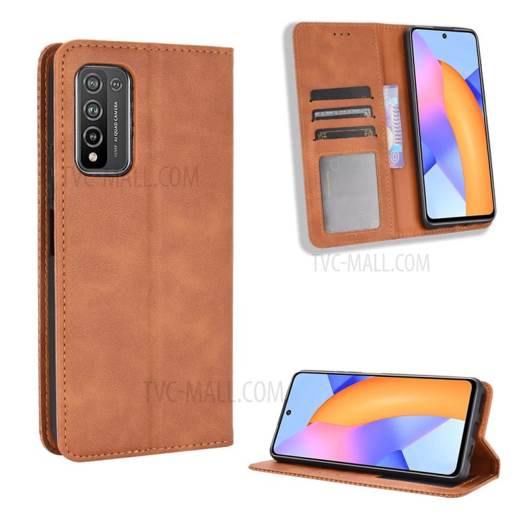 Magnetic Snap Vintage Style Case for Honor 10X Lite Leather Shell with Stand - Brown-1